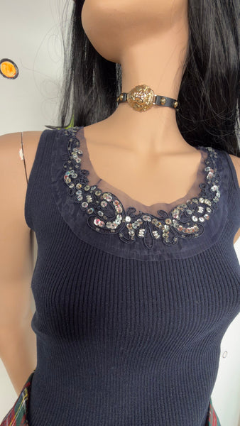Y2K Beaded Ribbed Top Navy Blue Sequin Fairy Grunge Glam 2000s Party top - S/M