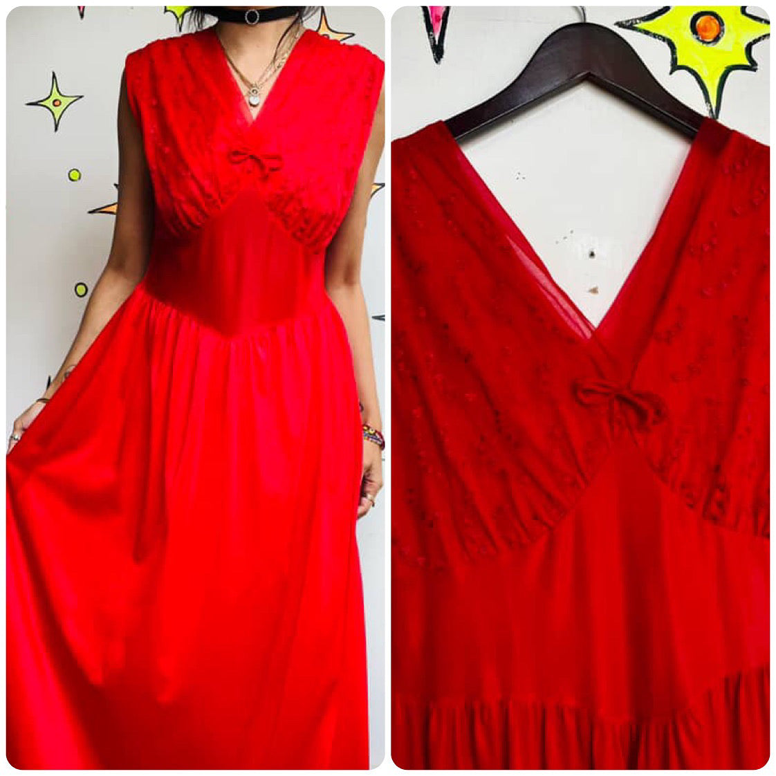 Vintage 50s | Cherry Red Double Layer Chiffon Babydoll Nighty SLip Dress | 38