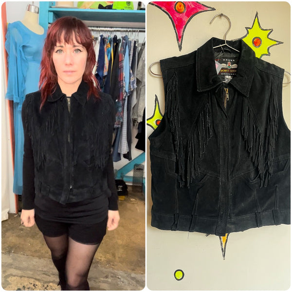 Vintage 80s 90s | Black Suede Leather Fringe Vest Cowgirl Biker Punk Western | M