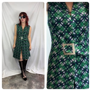 Vintage 70s | Navy Green GoGo Groovy Retro Mod A Line Waist Coat Mini Dress | ML