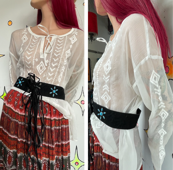 White Sheer Western Boho Embroidered Blouse Top Oversized Layering Piece XL