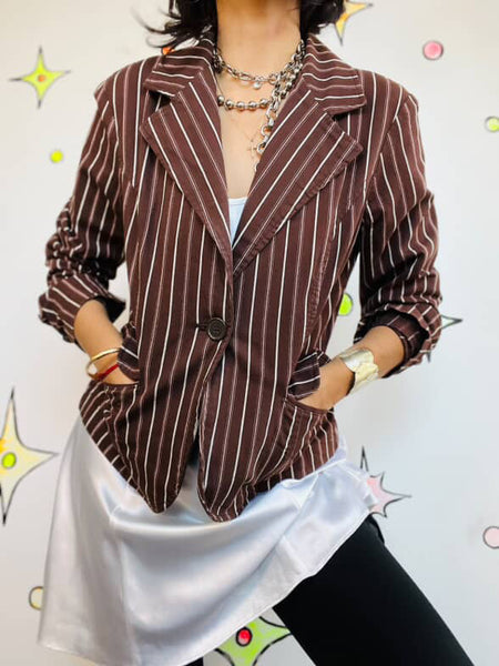 Y2K Preppy Glam Brown Pinstripe Blazer – White & Pink Stripes Office Siren – XL