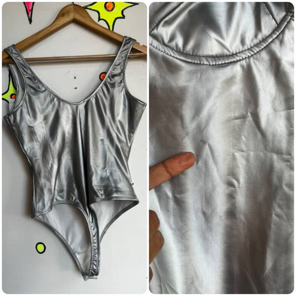 90s Y2K | Silver Metallic Space Girl Cosplay Disco Glam Costume Bodysuit | L