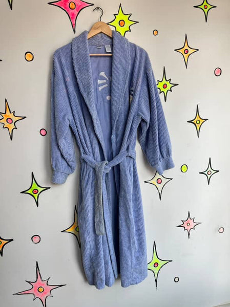 Vintage 80s 90s Celestial Moon & Stars Fuzzy Plush Bath Robe - Size L