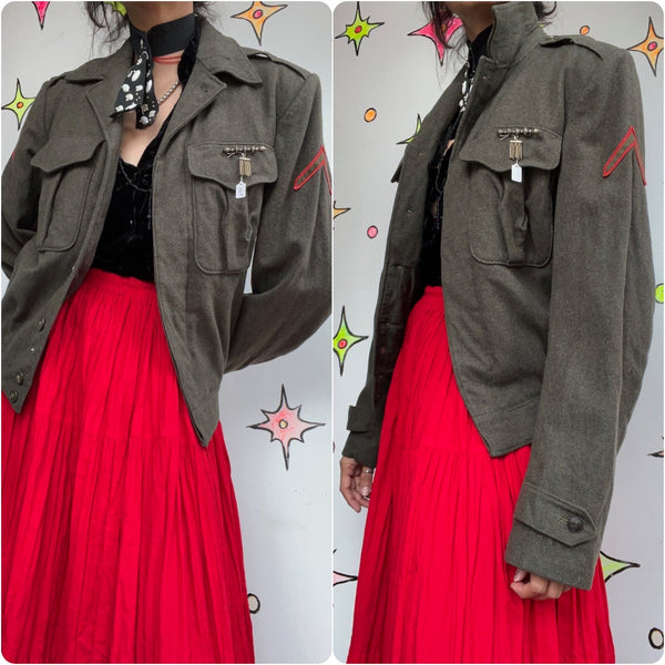 Vintage Military Green Embellished Uniform Grunge Fairy Boho Wool Bomber Jacket