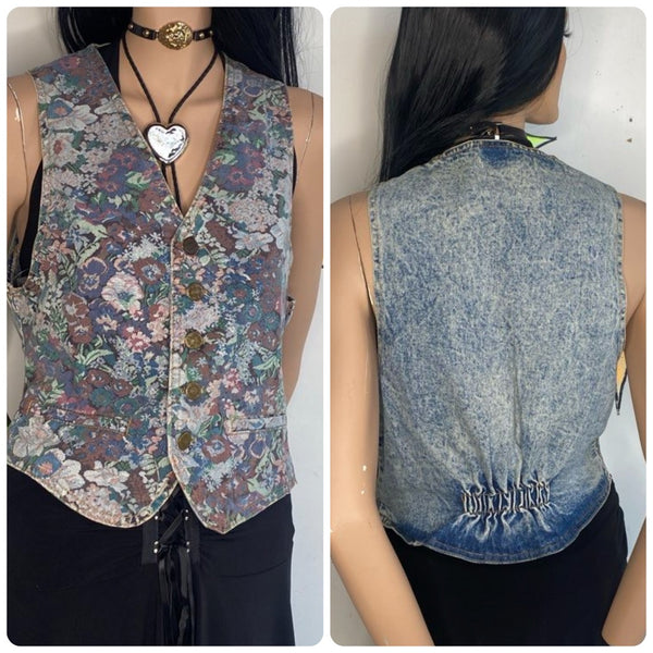 Vintage 80s 90s Cropped Floral Denim Vest ' Grunge Boho Retro Jean Vest - M