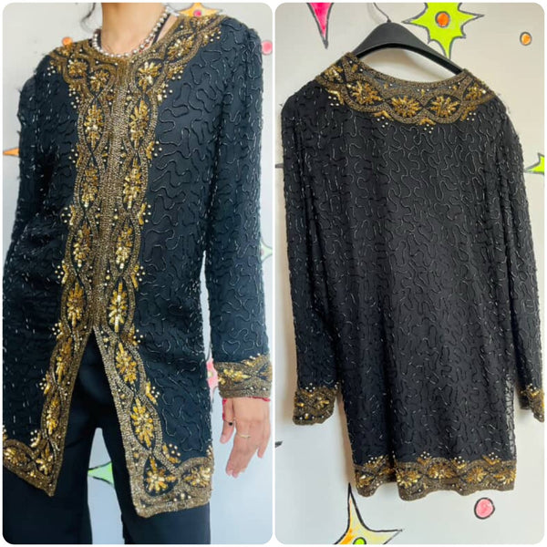 Vintage 80s Black & Gold Sequin Beaded Jacket - Pirate Glam Rock - AS IS - S/M