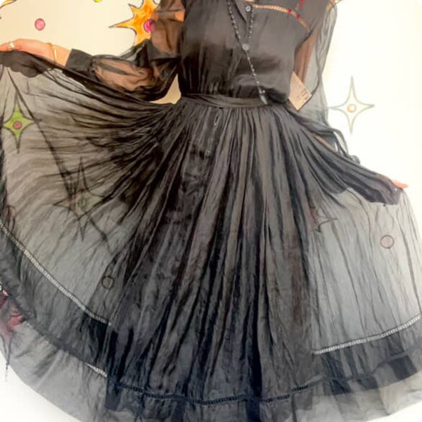 Antique 1910s | Black Sheer Tulle Gown Dress | Edwardian Vintage | Witchy Goth S