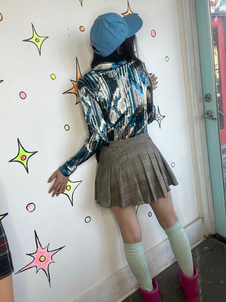 Vintage Abstract Teal Pleated Button Up | Y2K Fairy Grunge Wearable Art – M