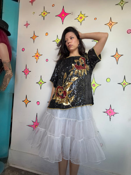 Vintage 80s Black Gold Sequin Party Blouse Maximalist Holiday Glam Disco Top
