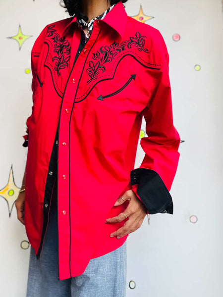 Vintage | Red Mens Western Embroidered Pearl Snap Shirt | Size XL