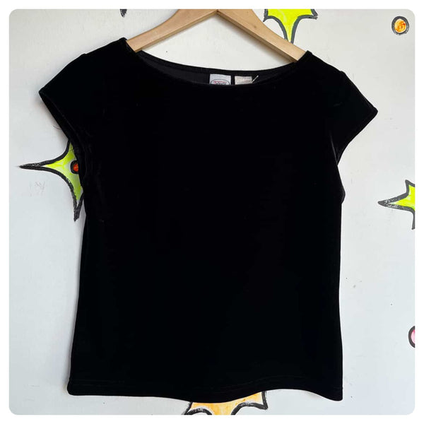 Vintage 90s | Stretchy Black Velvet Mall Goth Fairy Grunge Crop Top | Size Small