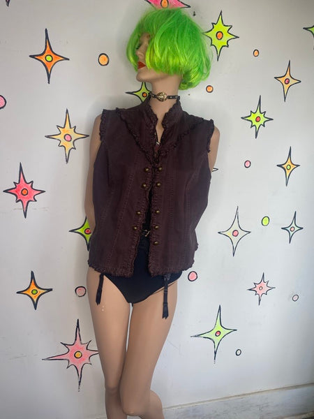Brown Ruffled Denim Military Vest Y2K Boho Utility Grunge Layering Top - 16