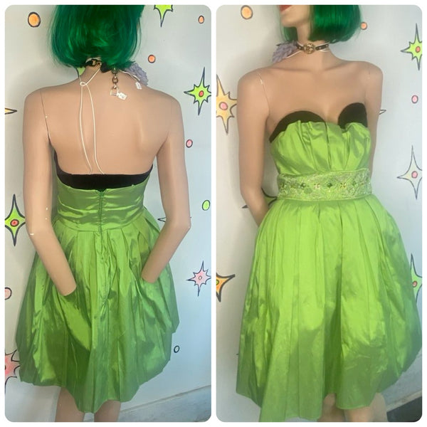 Y2K Lime Green Fairy Formal Satin Bedazzled Rhinestone Cupcake Mini Dress S