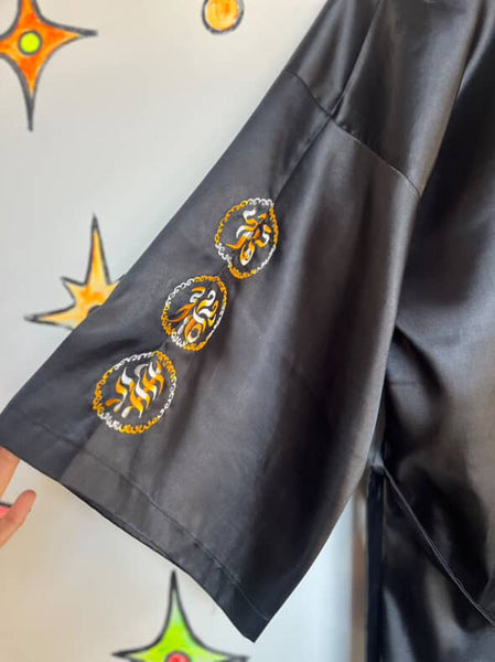 Vintage Black & Gold Satin Embroidered Kimono Lounge Robe w Dragon Size M-L