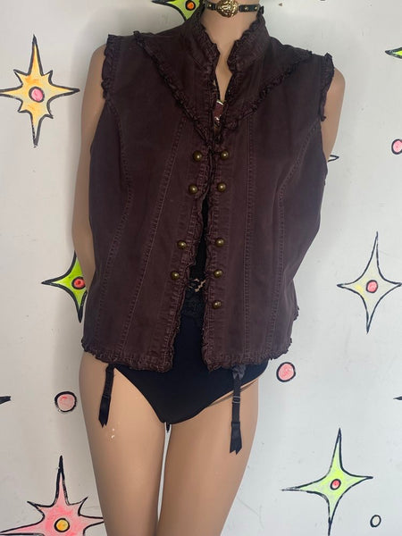 Brown Ruffled Denim Military Vest Y2K Boho Utility Grunge Layering Top - 16