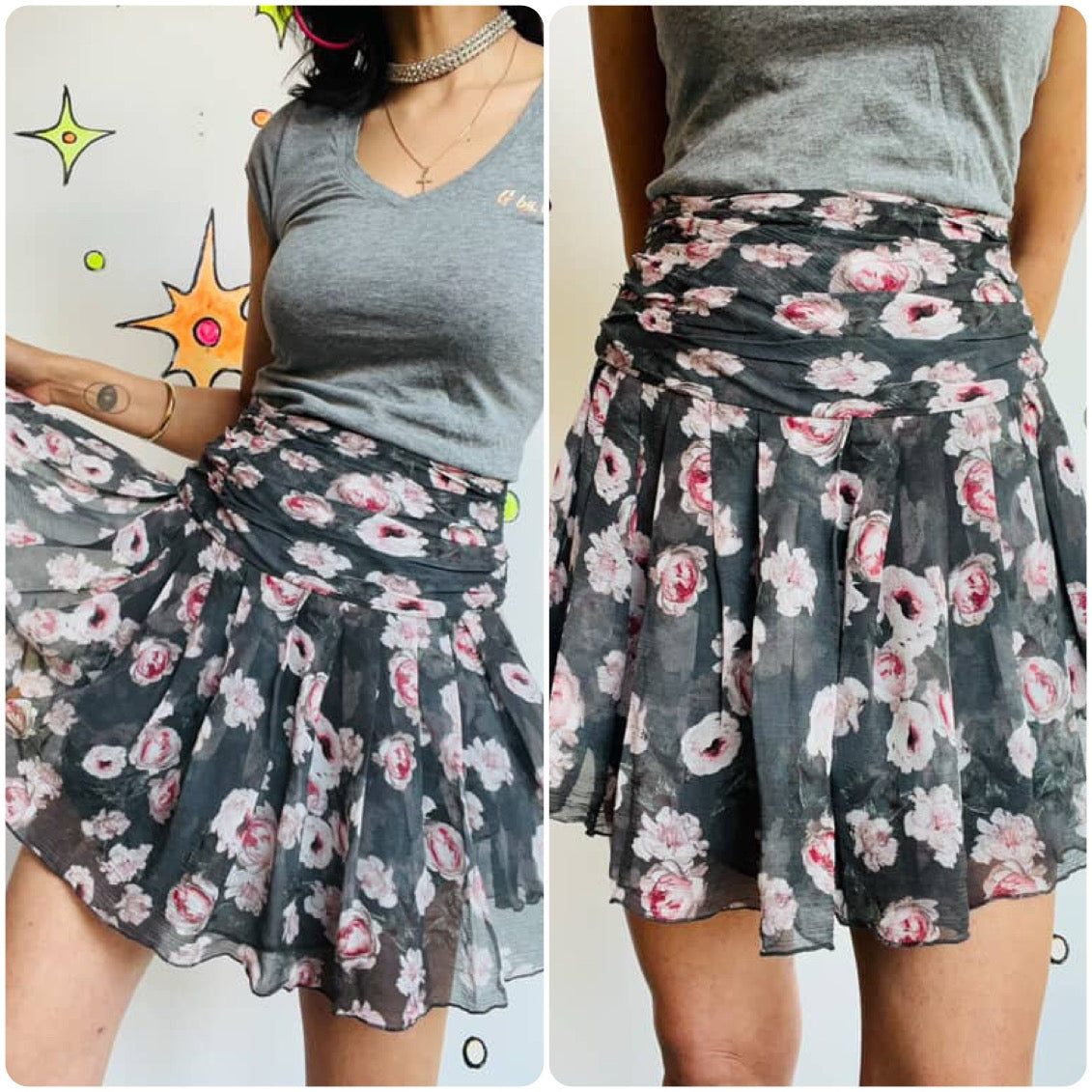 Y2K Gray w Pastel Pink Floral Print Fairy Boho Grunge Flowy Silk Mini Skirt - XS