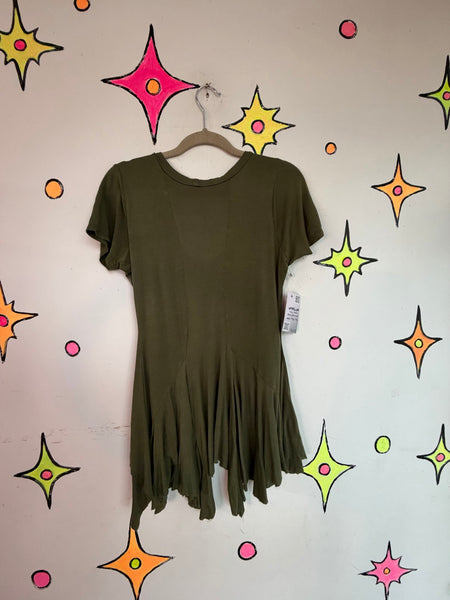 Y2K Fairy Goth Tattoo Graphic Tee Sage Green Asymmetrical Hem Grunge S/M