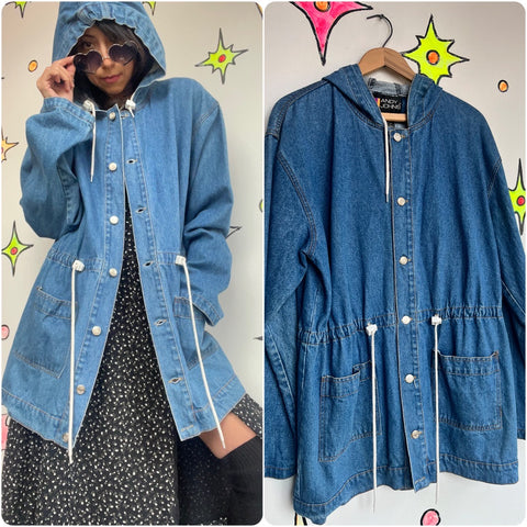 Vintage 90s | Denim Oversized Chore Barber Jacket Coat | Hood and Drawstring | M