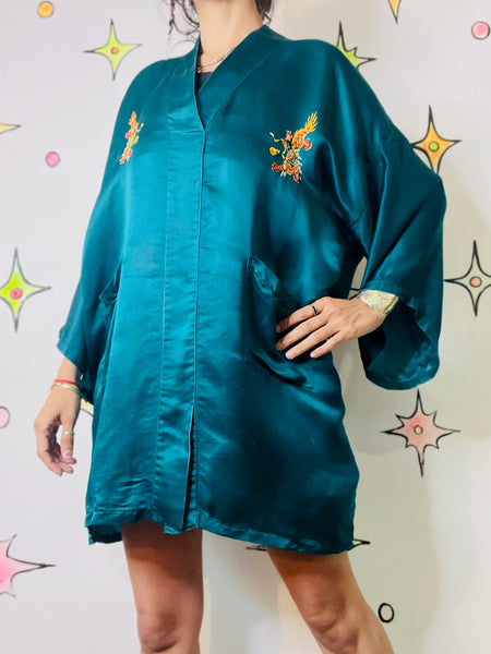 Vintage Teal Silk Embroidered Kimono Robe | Dragon Motif Grunge Lounge Wear | M