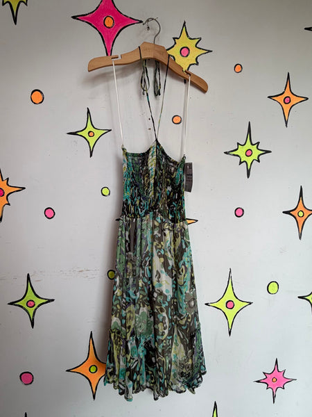 Y2K Teal Sheer Halter Babydoll Mini Slip Dress Mori Kei Fairy Whimsy Grunge XS