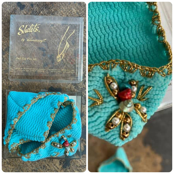 Vintage SHELETS Knit Slippers - One Size - Embellished Pearls - Rococo Art Deco