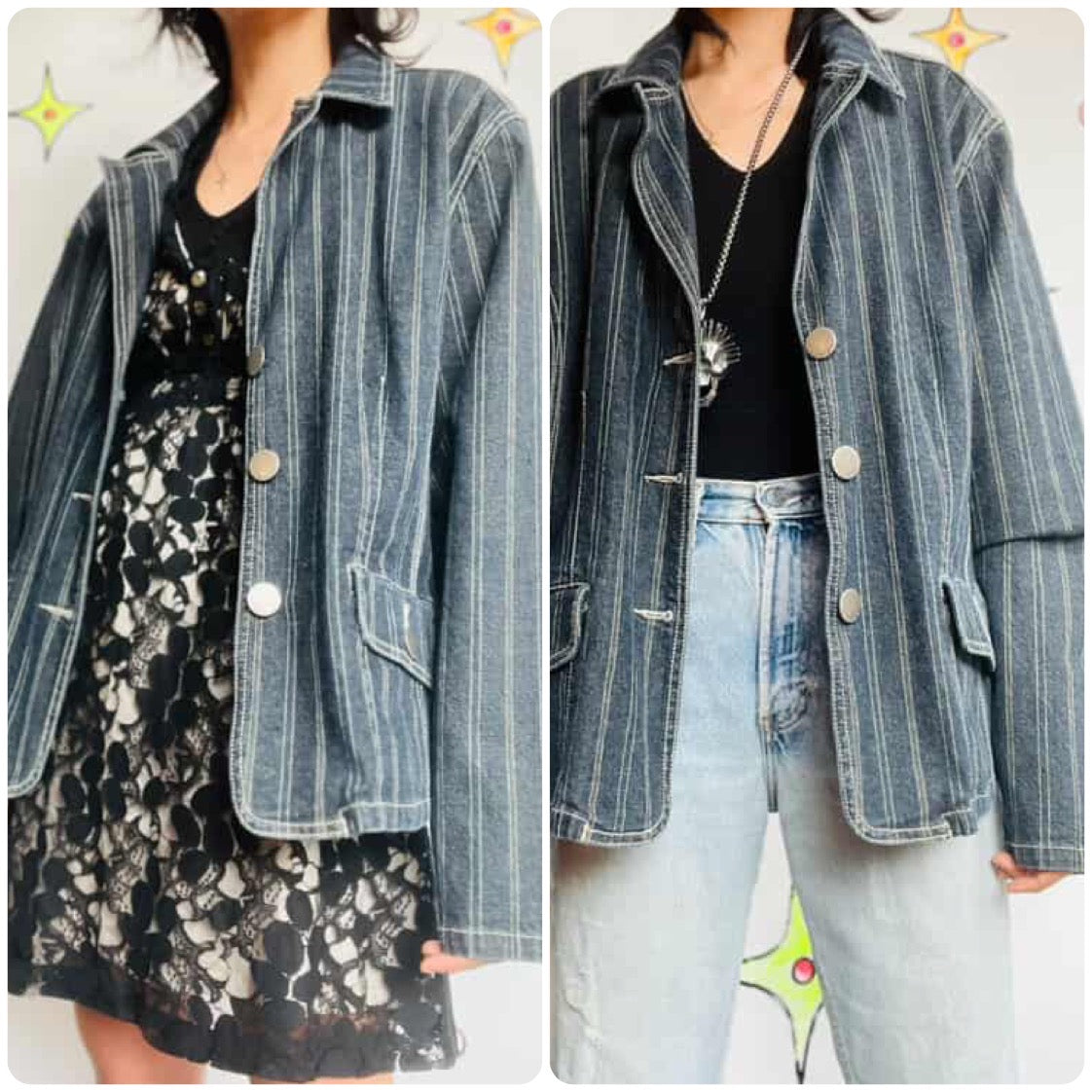 Vintage Y2K Striped Denim Blazer Jacket Emo Punk Fairy Grunge Jean Jacket 18/20