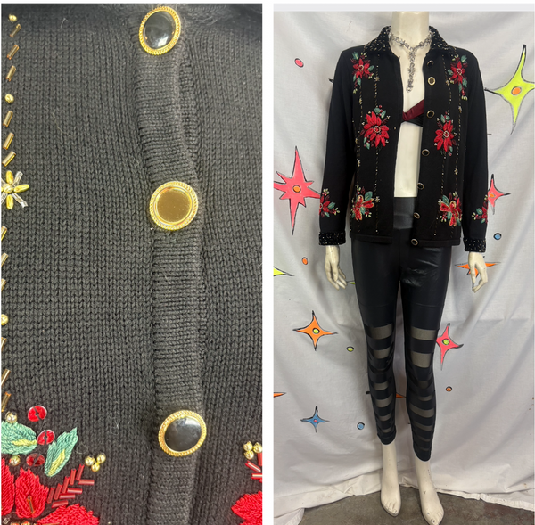 Vintage 80s 90s Black Ugly Tacky Christmas Sweater Cardigan Poinsettia - M