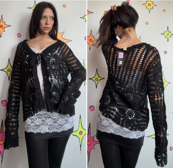 Black Crochet Cardigan Boho Whimsy Goth Fairy Festival Layering Sweater Large