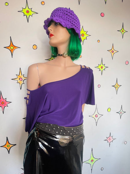 Purple Y2K Off The Shoulder Top Indie Sleaze Glam Stretchy Tunic Top XL