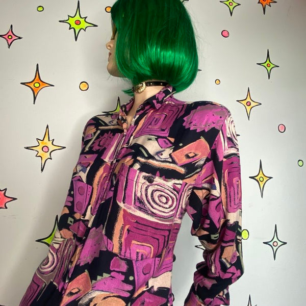 Vintage 90s Abstract Wearable Art Purple Grunge Retro Blouse - Small