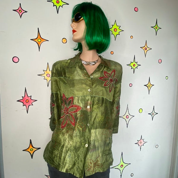 Vintage 90s Silk Crinkle Patchwork Beaded Fairy Boho Blouse Alfred Dunner M/L