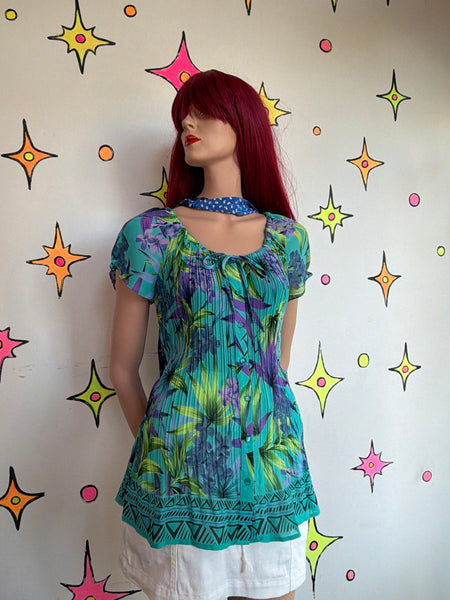 Y2K Neon Hawaiian Tank Top Miami Maximalist Fairy Grunge Cyber Y2K Pleated Top L