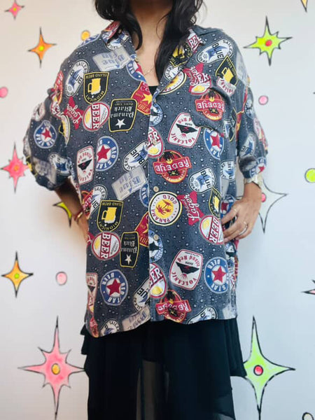 Vintage 90s Men's Beer Label Shirt - Wearable Art Retro Party Vibes - Size Large