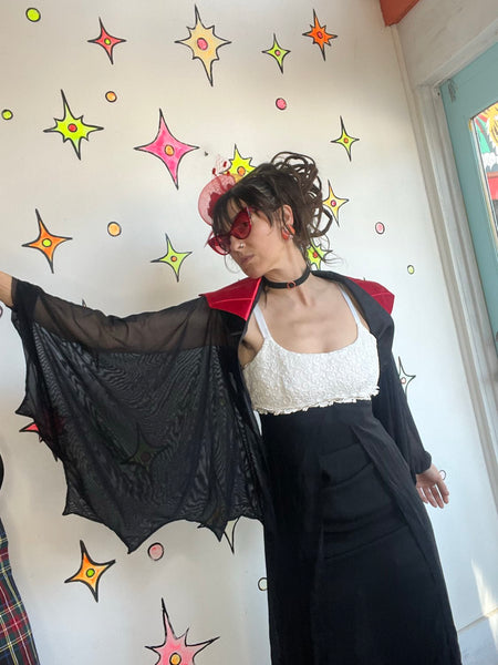 Vampire Cape with Stand Up Red Collar – Black Sheer Bat Sleeves Goth Cosplay XL