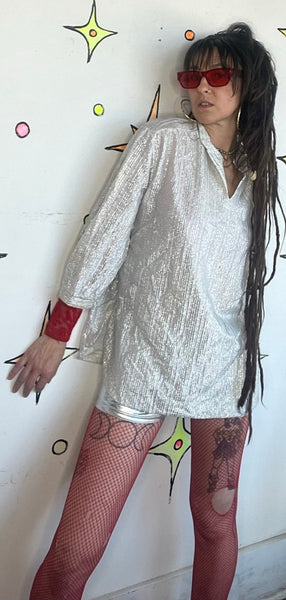 60s 70s Metallic Silver Top Retro Disco Space Age Party Blouse XL