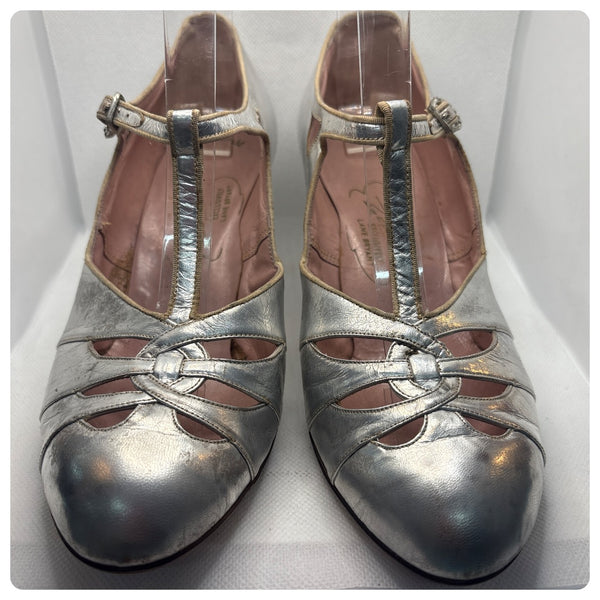 Antique 1920s Silver Gatsby T-Strap Leather Heels - Art Deco - Size 36 US 6.5-7
