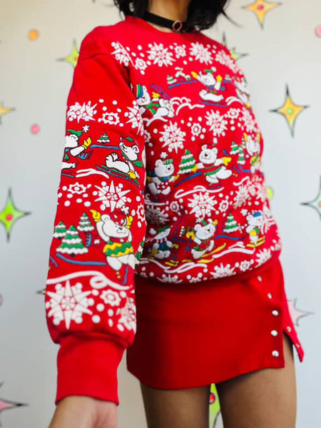 Vintage 80s Puffy Paint Teddy Bears Snowflakes Tacky Ugly Christmas Sweater ML