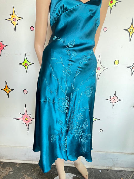 90s Peacock Blue Beaded Slip Dress Mermaidcore Silk-Feel Midi Y2K Grunge Fairy M
