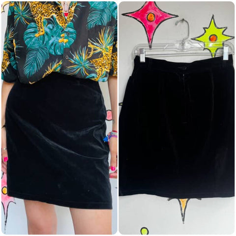 Vintage 90s | Black Velvet A Line Mini Skirt | Goth | Fairy Grunge | Size 6