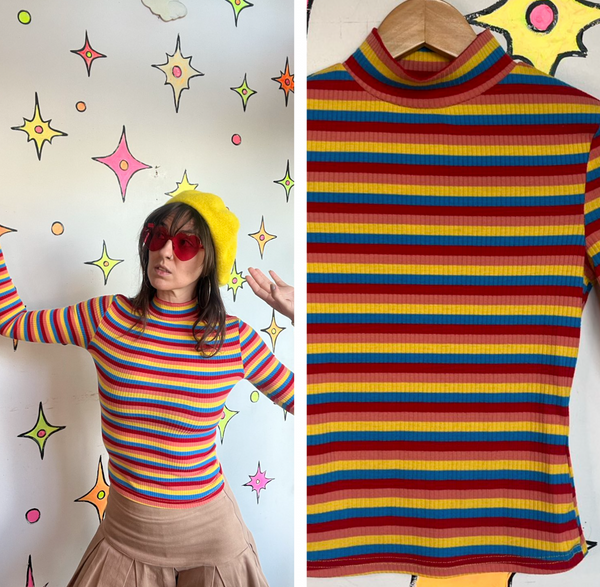 Rainbow Ribbed Turtleneck Clowncore Retro Mod 60s Y2K Colorful Stretch Top XS