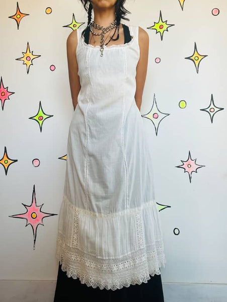 Antique Early 1900s Edwardian Cotton Lace Slip Dress Chemise Corset Cover | S/M