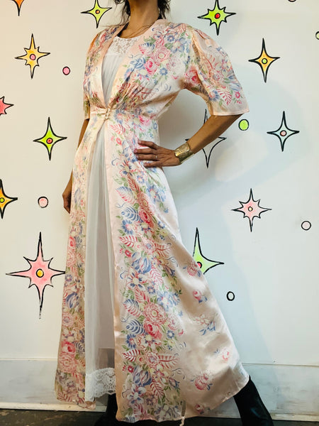 Antique Early 1900s Pink Silk Floral Robe - Rococo Victorian Loungewear - Small