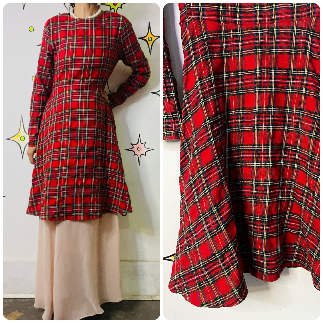 Vintage 90s Red Plaid Tartan Fit & Flare Mini Dress Holiday Party Punk Grunge XL