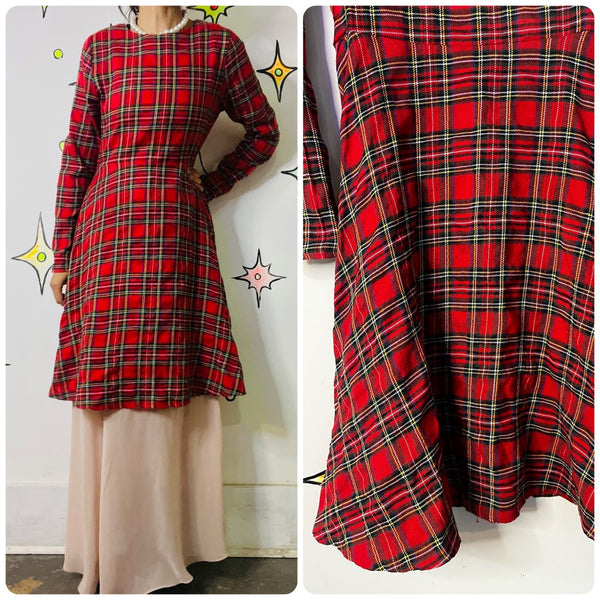 Vintage 90s Red Plaid Tartan Fit & Flare Mini Dress Holiday Party Punk Grunge XL
