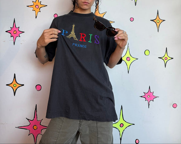 90s Paris France Embroidered Souvenir Tee Rainbow Eiffel Tower Pride T-Shirt L