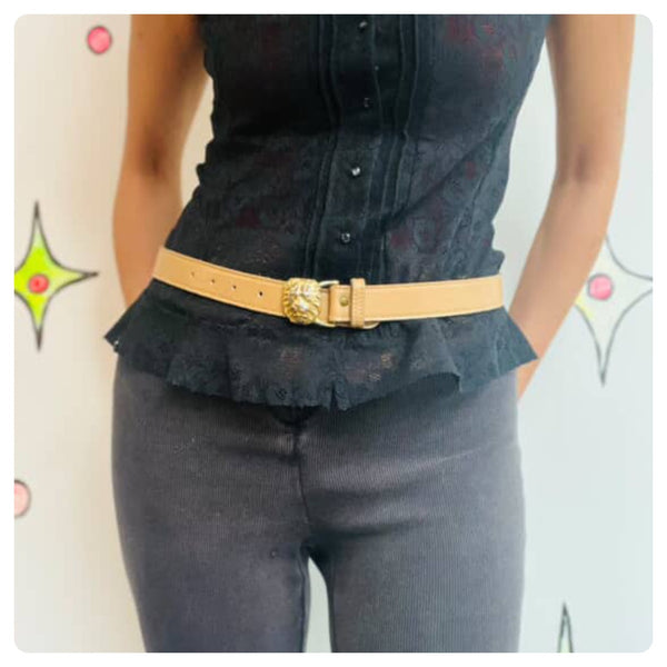 Vintage Anne Klein Tan Leather Belt – Gold Lion Buckle | 80s 90s Glam Statement