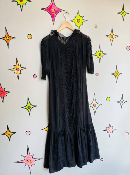 Antique Cotton Lingerie Dress - Late 1900s – Early 1910s Black Lace Goth