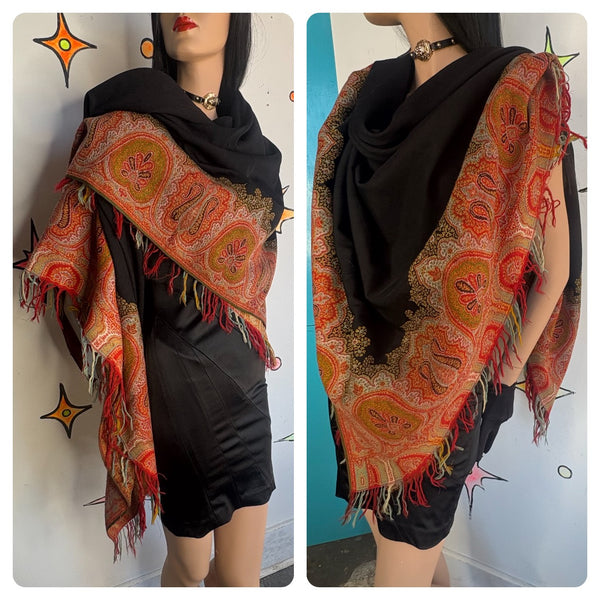 Antique Russian Gypsy Tapestry Shawl w Fringe Boho Romantic Folk Wrap | Witchy