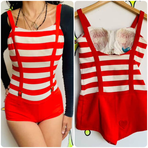 Vintage 50s Red & White Striped Swimsuit Gidget Sailor Nautical Playsuit - S